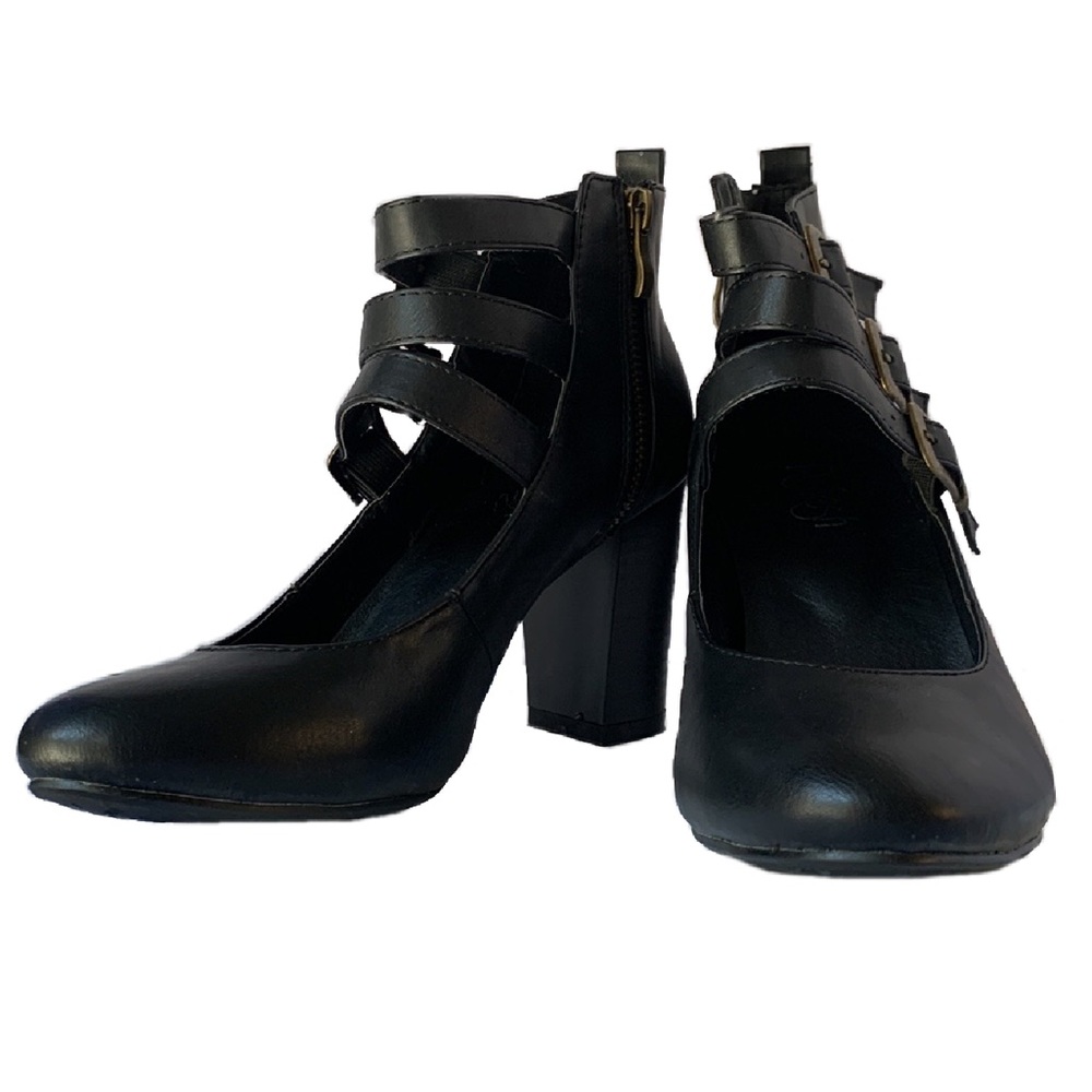 Vintage Style Buckle Strap Stack Heel Zipper Black Ankle Boot Shoes Women's - Picture 2 of 10